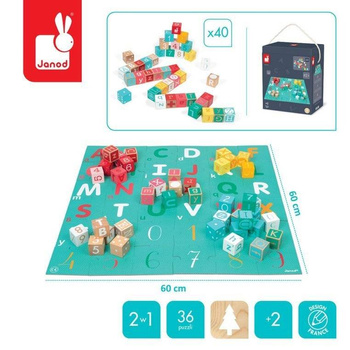 Drewniane klocki z puzzlami Kubix Litery i cyfry 40 elementów 2+, Janod J08307