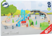 Kolejka 60 elementów drewniana zestaw z akcesoriami Miasto mostów 11492-Small Foot, kolejki dla dzieci